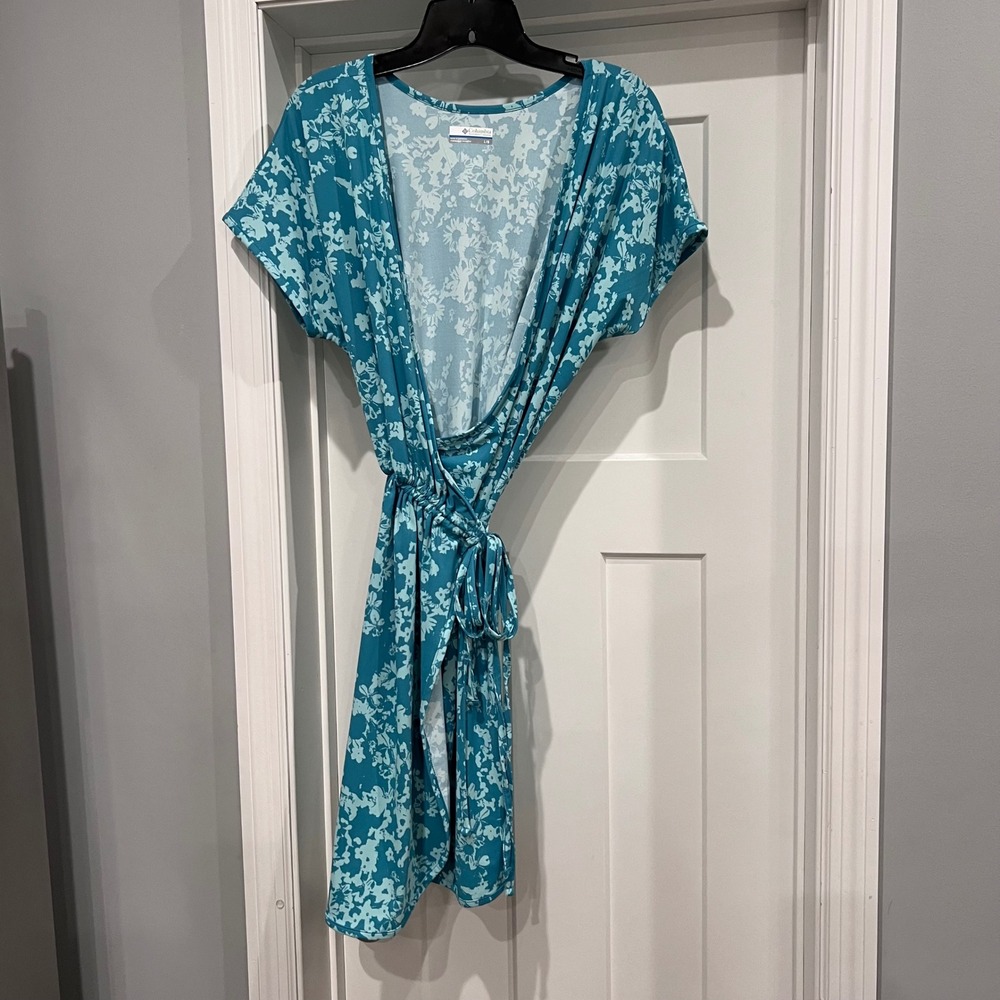 Columbia Teal Floral Wrap Dress Short Sleeve V-Neck Stretch AK0253 Womens L